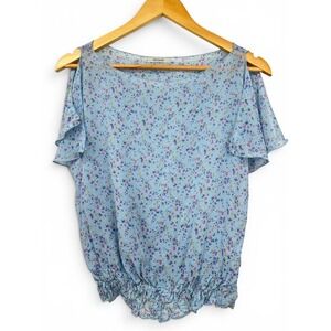 Decoline Blue Floral Chiffon Cold Shoulder Blouse Smocked‎ Hem Small